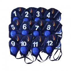Protective underwater hockey caps with fine, absorbent shock foam and mask strap.