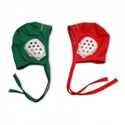 Duo of a green cap for underwater hockey coaches and red cap for referees 